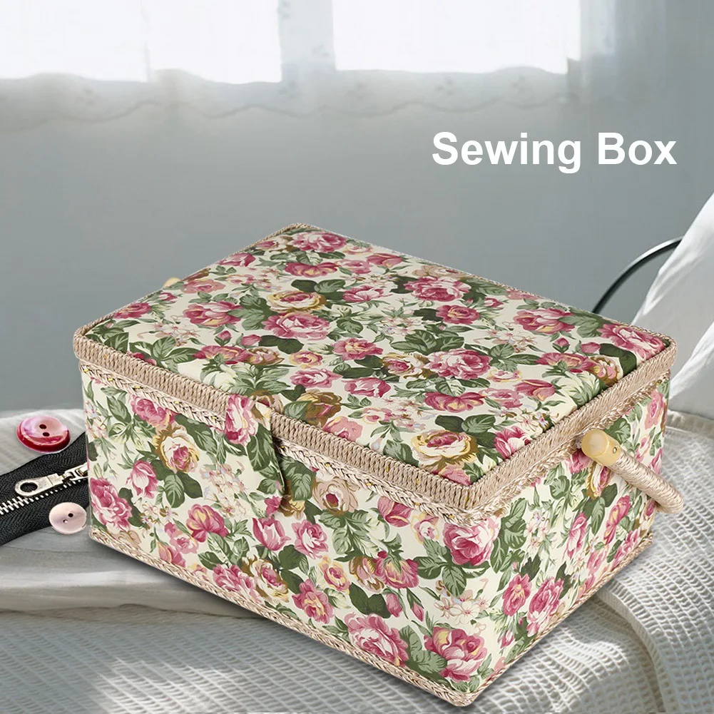 

Craft Box Storage Box Fabric Floral Printed Sewing Basket Craft Box Household Sundry Storage Organizer with Handle Sewing Box