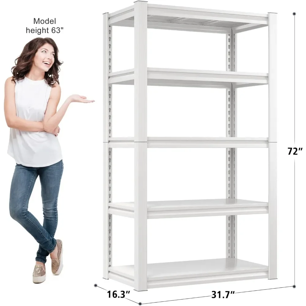 72''H Garage Shelving Heavy Duty Storage Shelves Load 2010LBS Adjustable 5 Tier White Metal Shelving Unit Garage Storage Rack