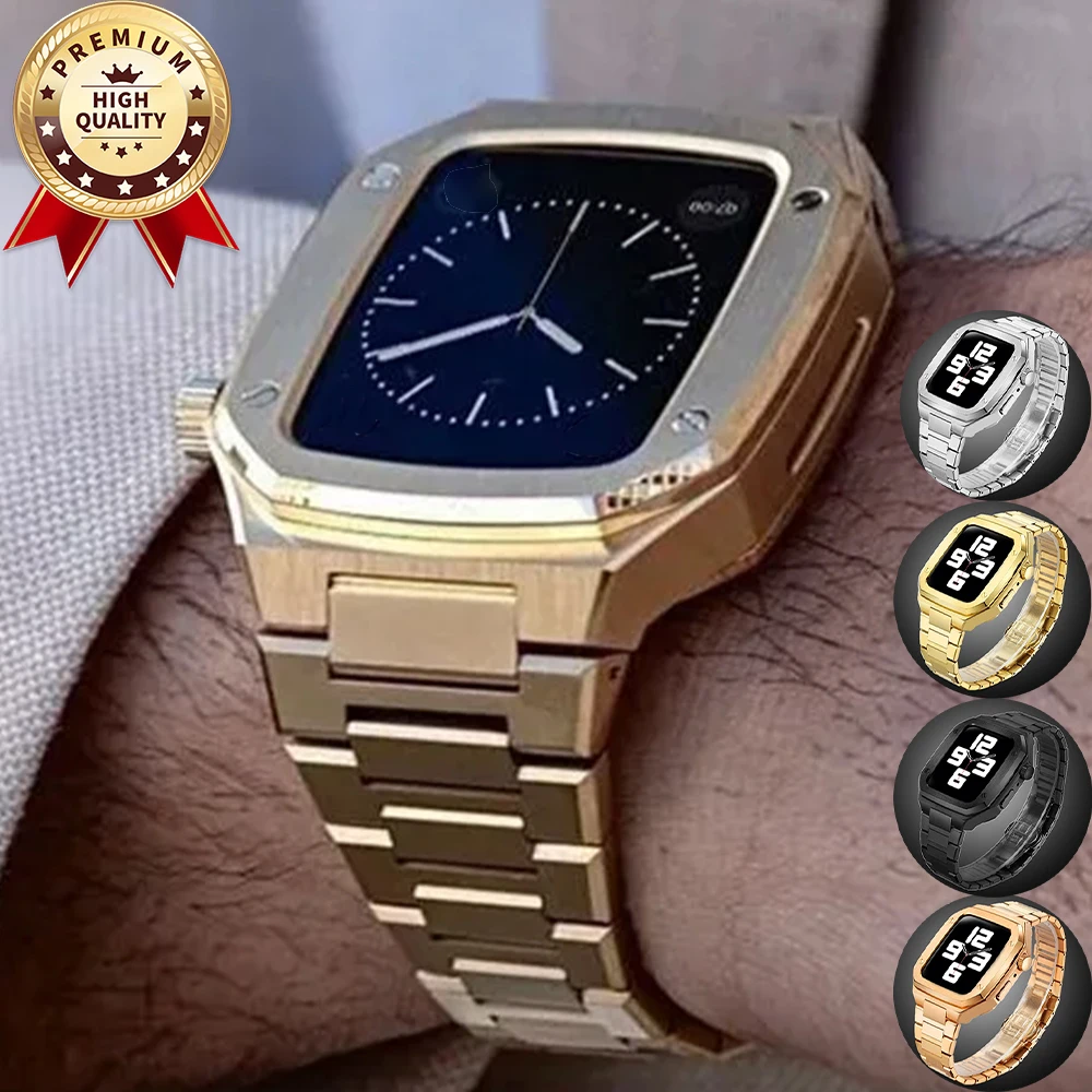 

Роскошный набор для модификации Apple Watch 8, 7, 6, 5: металлический ремешок, корпус из нержавеющей стали для IWatch 42 мм, 44 мм, 45 мм, резиновый ремешок для часов.