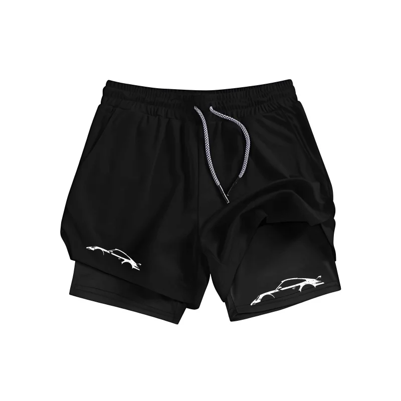

Men'S 2-In-1 Sports Car Pattern Fitness Running Shorts Casual Summer Drawstring Pants