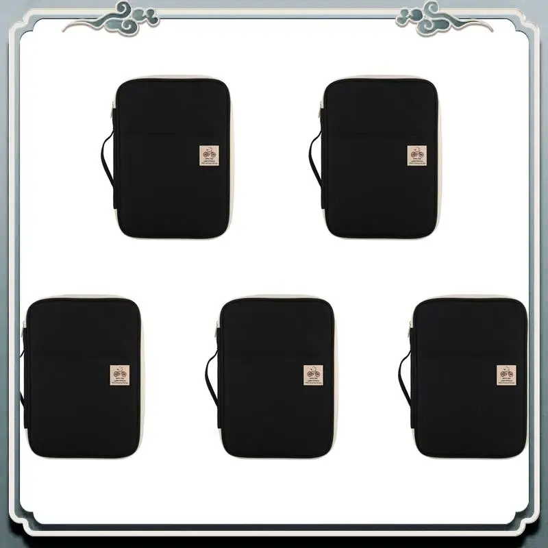 ABIJ-5X A4 Document Storage Bag Waterproof Oxford Cloth Multifunctional Business Bag File Folder Stationery Zipper (Black)