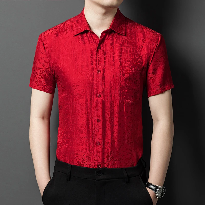 Chinese Style Genuine Silk 100% Shirts For Men Short Sleeve Ice Summer Quality Lightweight Skin-Friendly Satin Camisas De Hombre