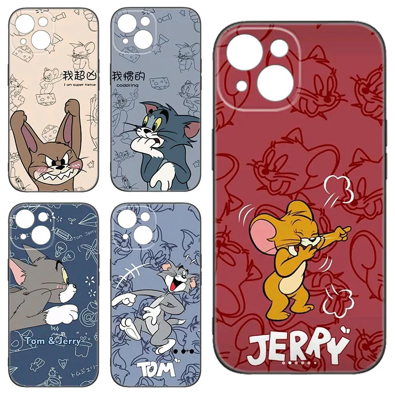 J-Jerrys Mouse Tom Cat Black Silicone Phone Case For Apple iPhone 12 13 Mini 11 14 15 Pro Max 7 8 Plus X XR XS SE 2020 2022