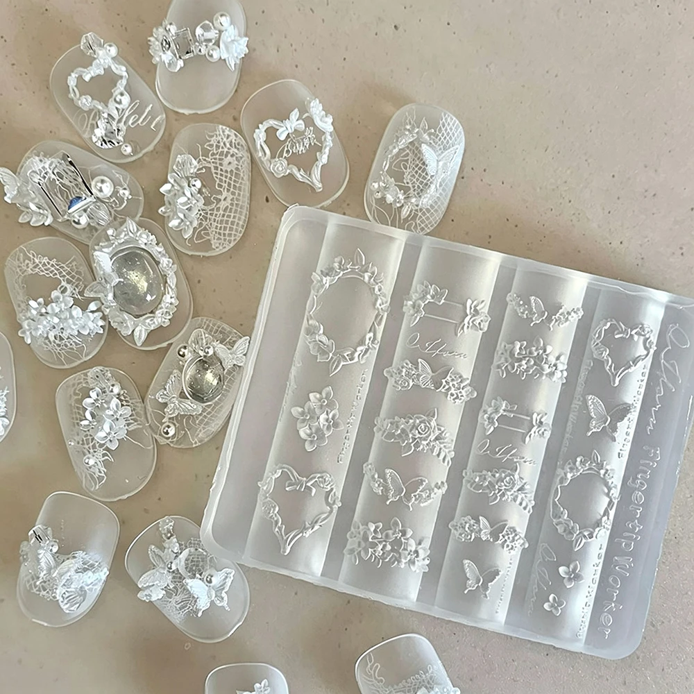 1Pc 3D Rose Butterfly Wreath Heart Floral Nail Mold Transparent Silicone Relief Nails Template Reusable DIY Manicure Charms Tool