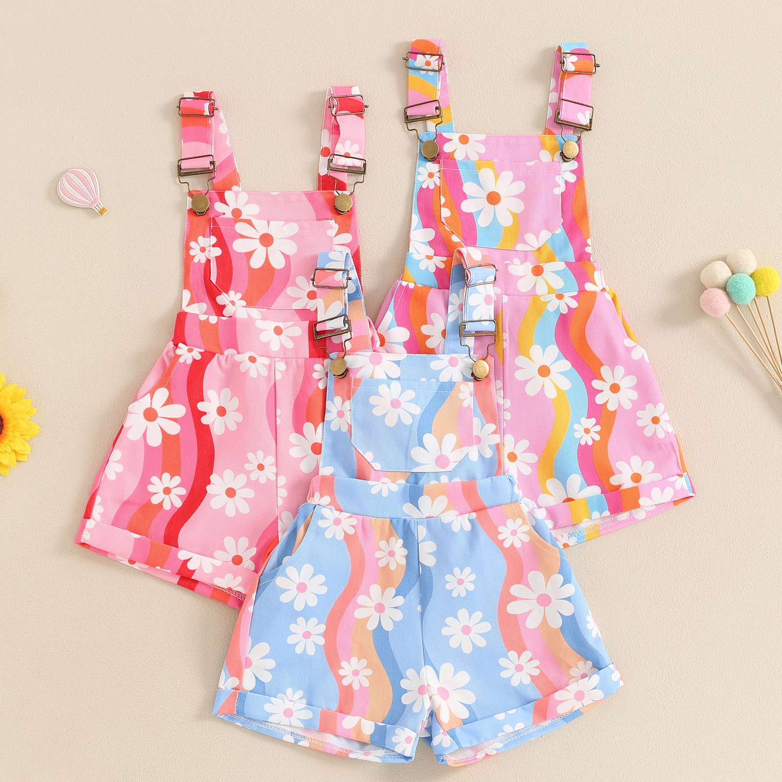 BeQeuewll Fashion Toddler Girls Overalls Cute Daisy Print Sleeveless Straps Buttons Pockets Shortall Romper Summer Kids Jumpsuit