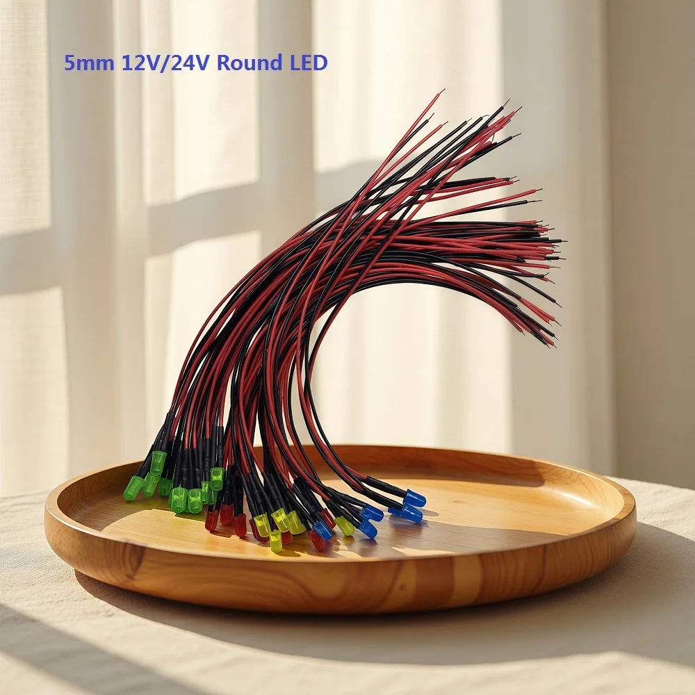 5mm LED 12V 24V 20cm Pre-wired Round LED Diode Lamp Decoration Light Emitting Diodes Red Green Blue white or with Plastic holder
