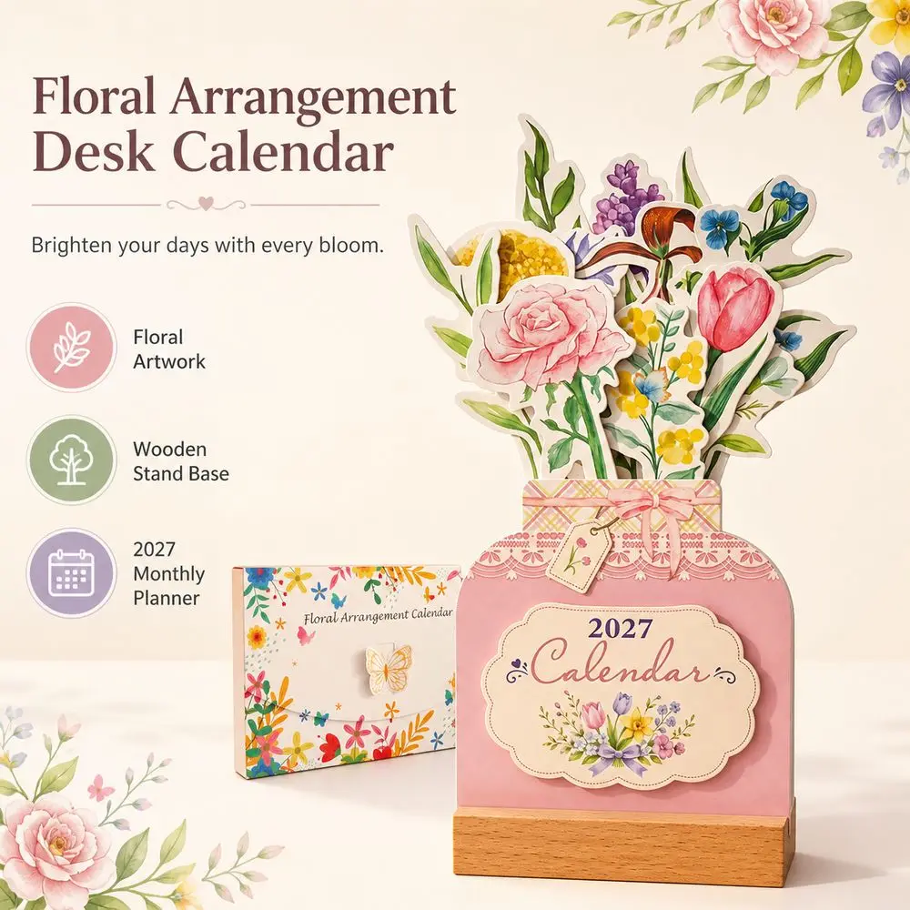 Flower Vase Shaped 2027 Floral Desktop Calendar Detachable Wooden Base Floral Pattern 2027 Desk Calendar Standing Table Calendar