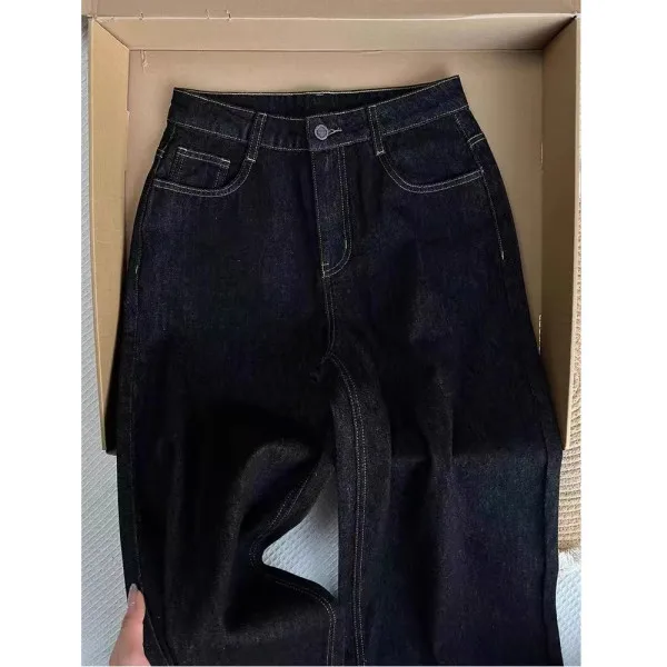 Y2K American Women Jeans High Waist Black Leopard Print Rolled Edge Wide Leg Loose Contrast Stitch Summer Pants