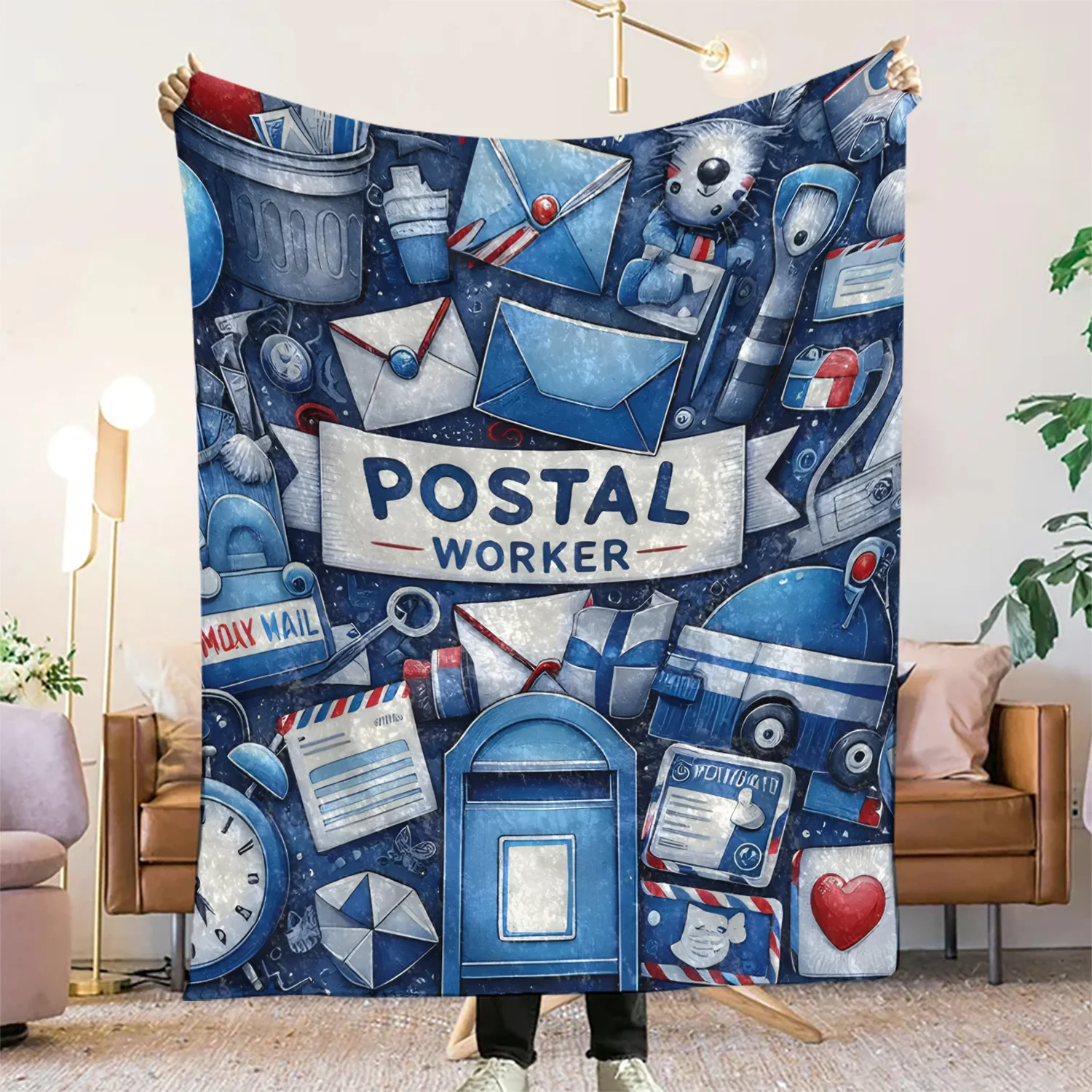 1pc Postal Worker Theme Flannel Fleece Blanket - Contemporary Style, All Seasons, 100% Polyester, Digital Print, Knitted Craftsm