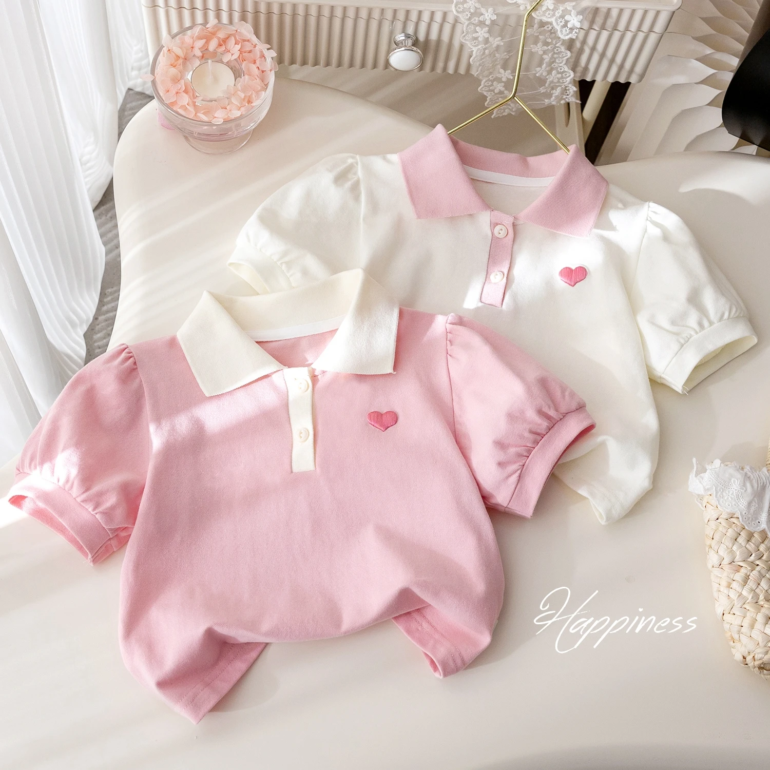 طفل الفتيات الحب المطرزة قصيرة الأكمام تي شيرت الصيف عادية الوردي التلبيب تيز لطيف الفتيات بلايز الاطفال الملابس