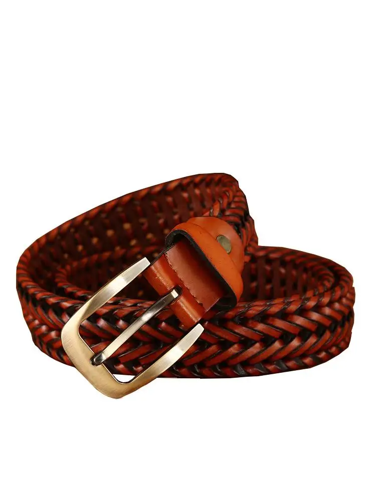 2022 New Design Men Hand Woven Belt Cowhide Leisure Fashion Alloy Buckle Jeans With  Black Coffee Light Brown Color Matching