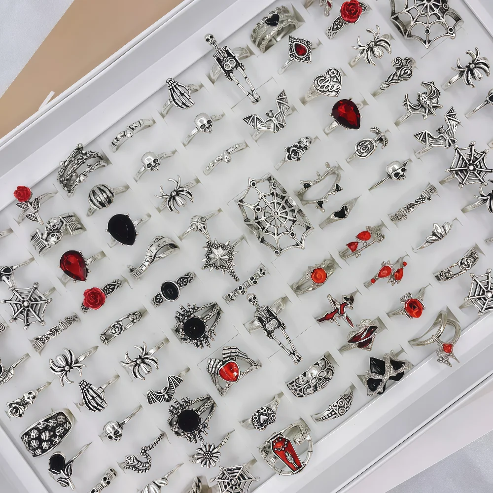 10/20/30Pieces Vintage Punk Spider Skull Halloween Rings Set For Women Mix Style Gothic Dark Finger Jewelry Party Gifts
