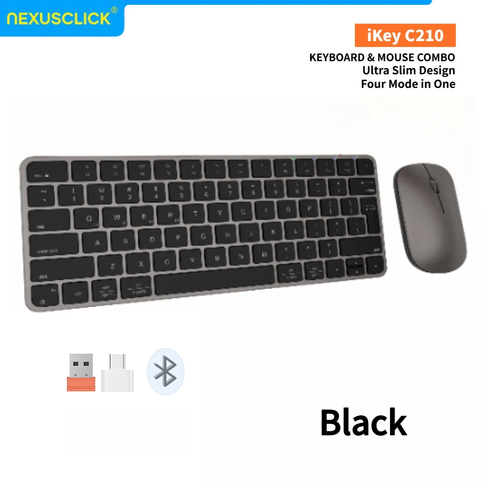 NexusClick C210 Slim Wireless Keyboard Mouse Combo,4‑Modes Rechargeable Quiet Low Profile Keyboard Set Adjustable DPI for iOS PC
