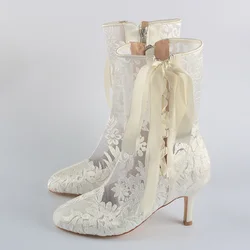 Wedopus Customized Romantic Floral Ribbon Tie High Heel Wedding Boots Beauty Flower Lace Bridal Boots 8CM/5CM