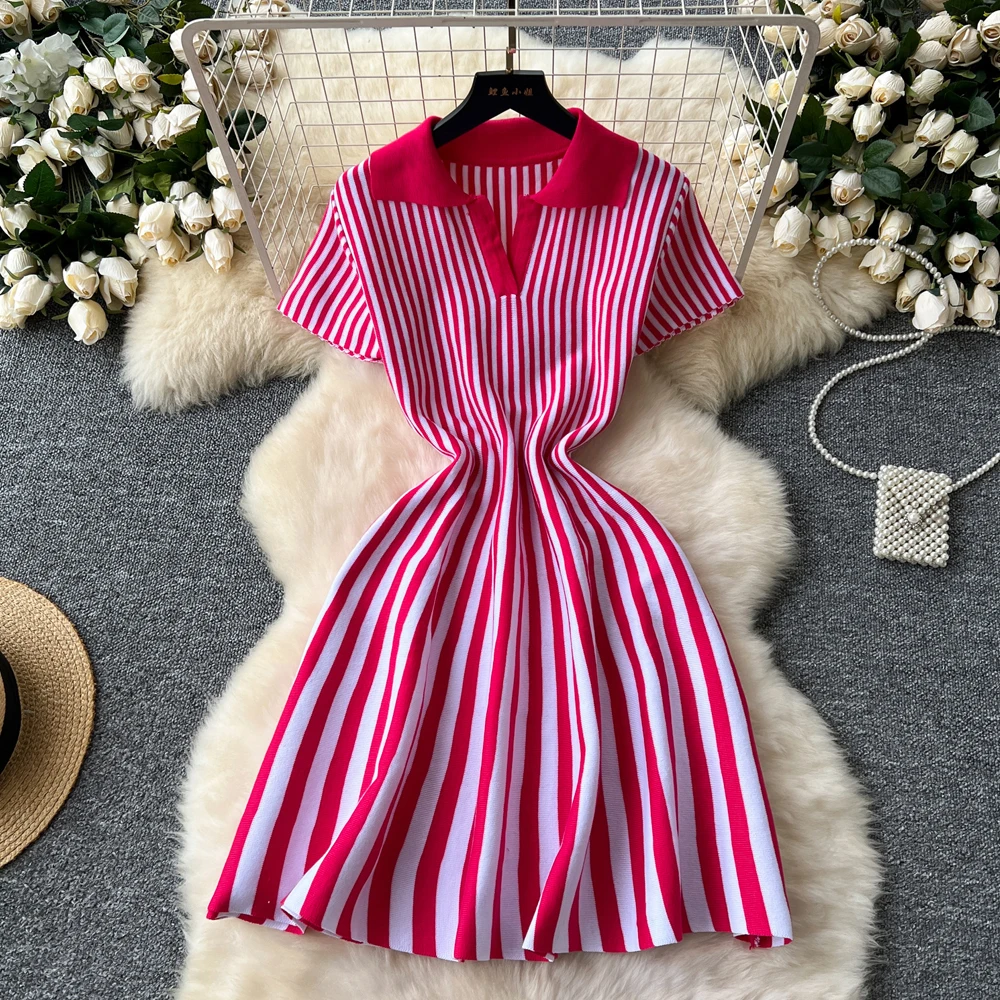 YuooMuoo 2025 New Summer Vintage Vertical Stripes Knitted Summer Dress Women Turn-down Collar Slim Waist A-line Short Dress