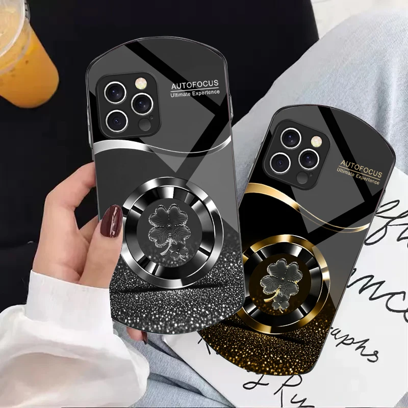 

Purple Four Leaf Flower For iPhone 16 15 14 13 Plus 12 mini 11 Pro Max XR Xs X 7 8 6 6S Elliptical Tempered Glass Phone Case