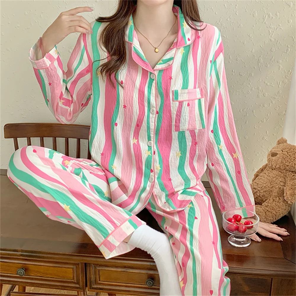 

Autumn Women's Pajamas Sets Colorful Stripes Sleepwear Pyjamas Women Homewear Girls Long-Sleeved Pajamas Clothes for Women