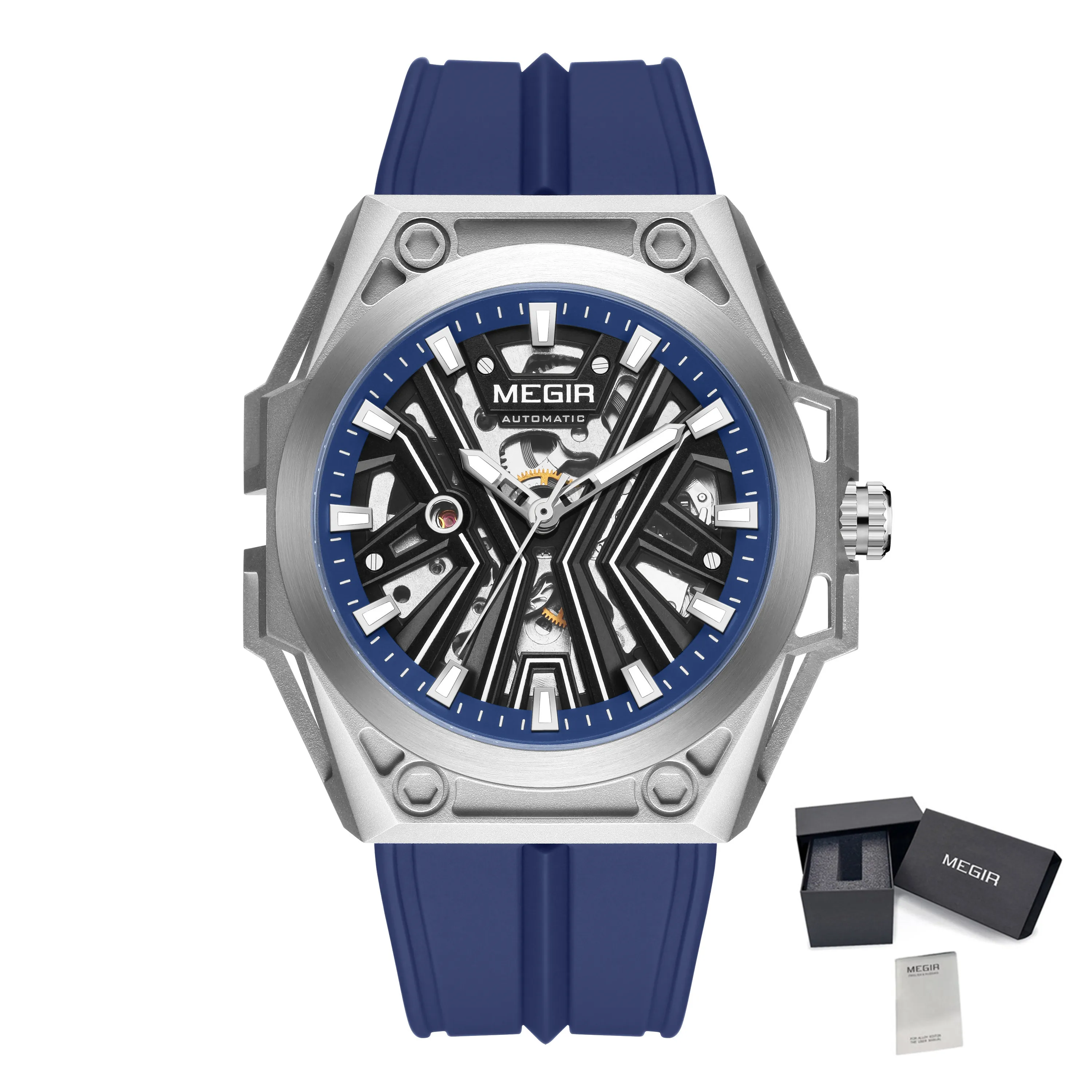 Megir Stainless Steel Waterproof Mens Skeleton Watches Top Brand Luxury Transparent Mechanical Sport Male Wrist Watches