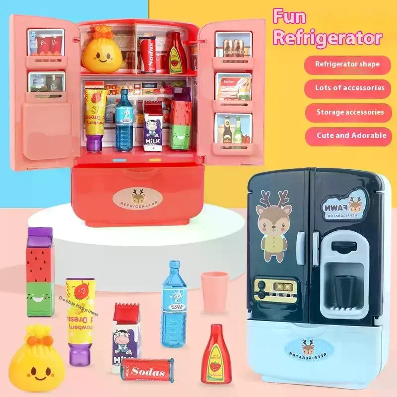 1 مجموعة محاكاة الثلاجة أثاث المطبخ التظاهر اللعب لعبة تعليمية صغيرة مزدوجة الباب الثلاجة اكسسوارات المنزل هدية