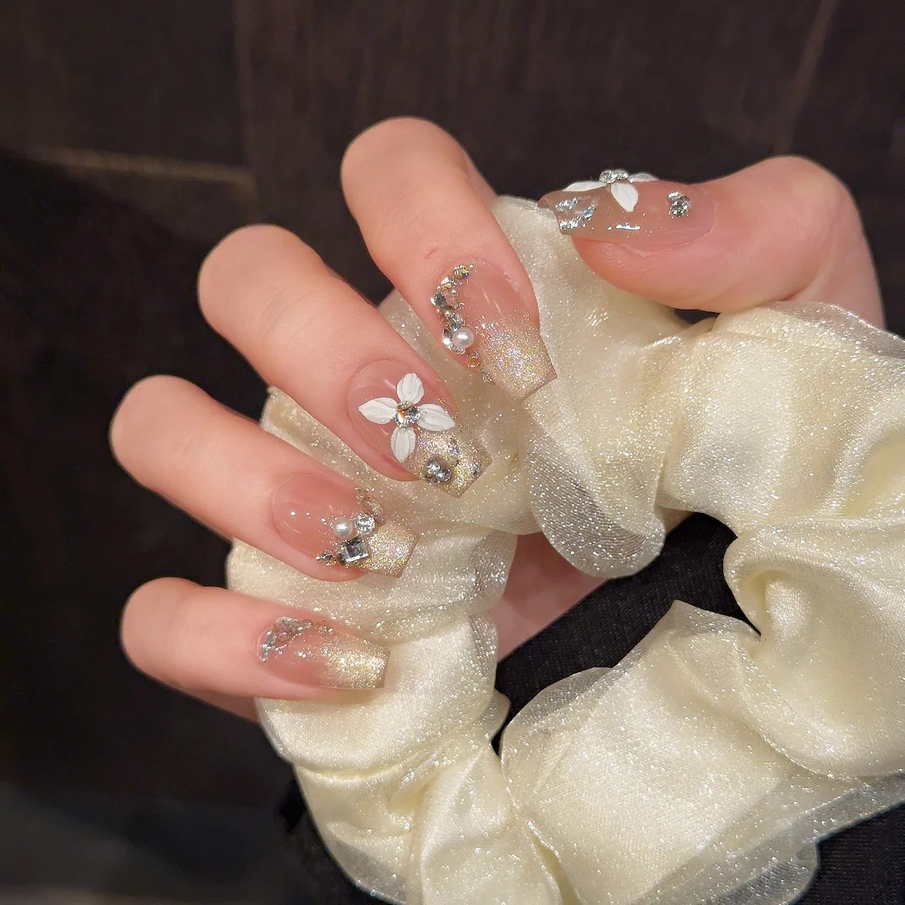 10Pcs Short Ballet Handmade Fake Nails Nude Pink Full Cover Nail Tips with Butterfly Design Wearable French Press on False Nails