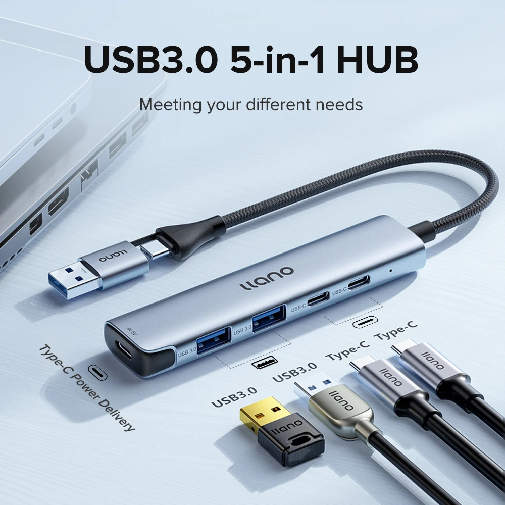 

Концентратор LLANO USB 3.0 5 в 1, блок питания адаптера USB C, 2 USB-порта для передачи данных, многопортовый адаптер USB C-концентратора