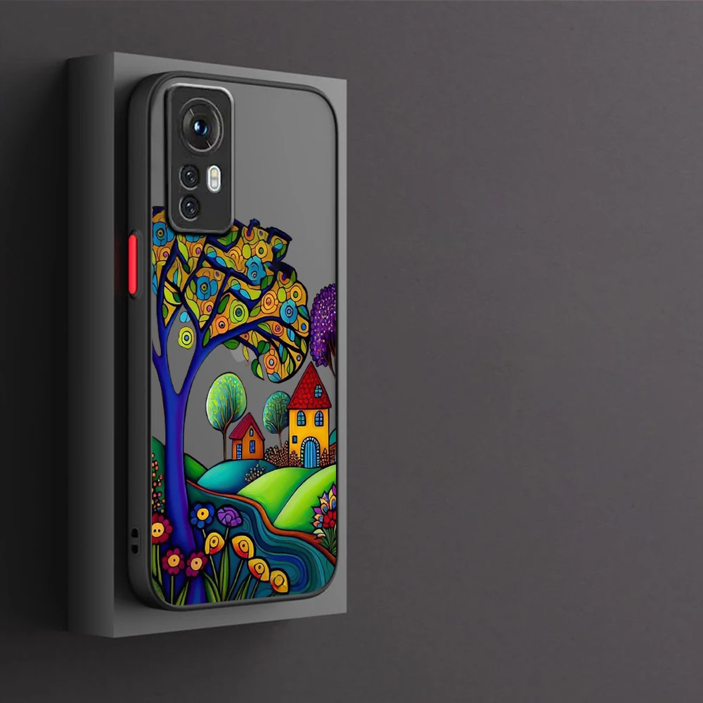 Hand Painted Forest House Illustration Phone Case For Xiaomi Redmi Note 12 11 10 9 9A 9T 9C 8 Pro Plus Matte Transparent Cover
