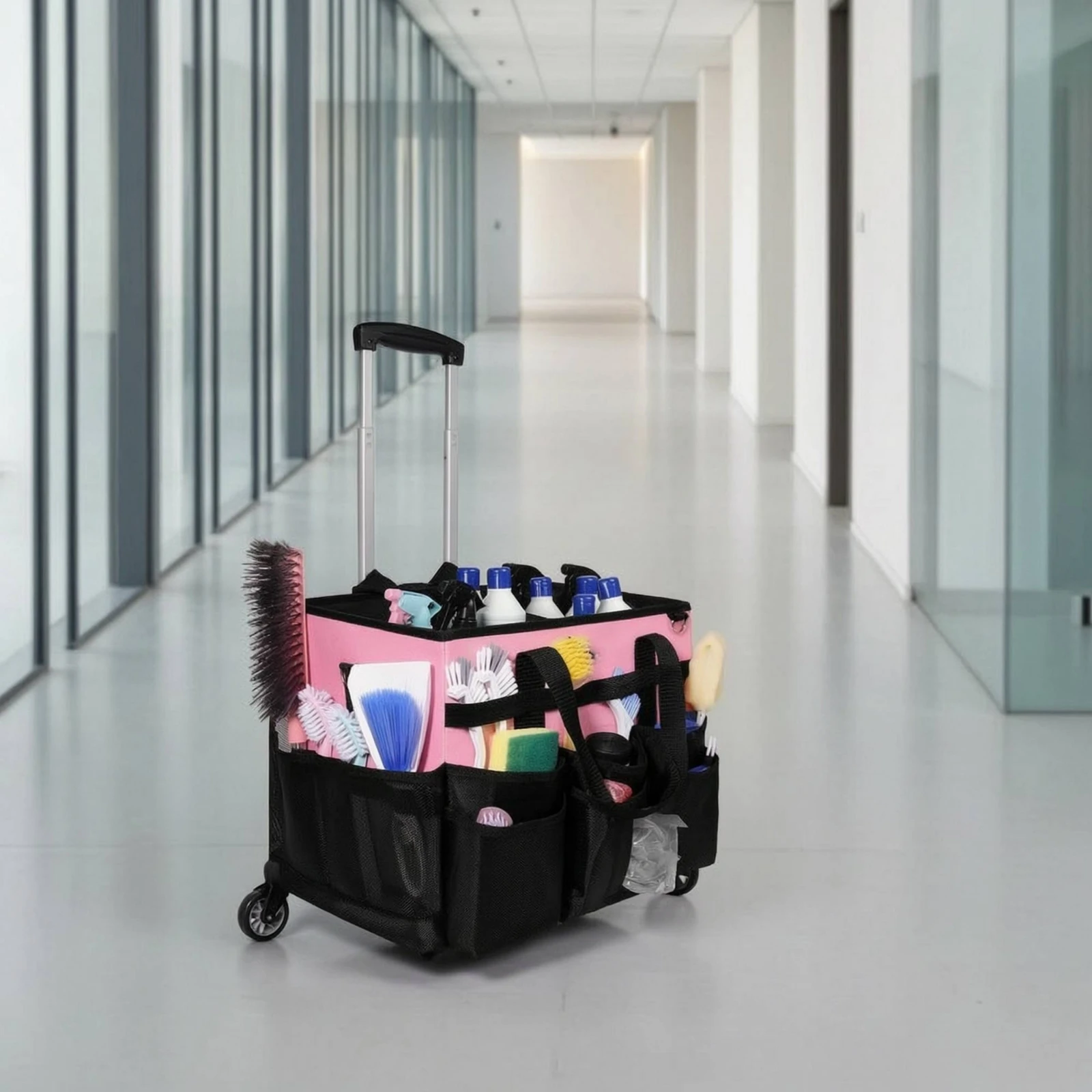 Cleaning Supplies Organizer with Wheels Rolling Cleaning Bag with Trolley Wheeled Organizer Bag Adjustable Multi-Pocket