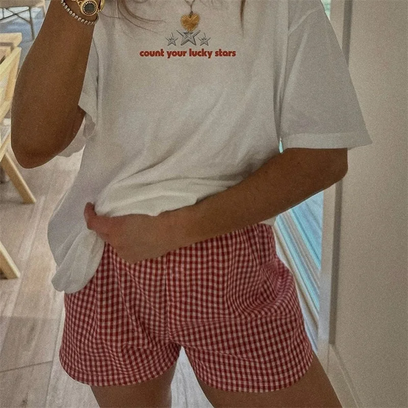 Street Style Sweat Shorts for Women Y2k Vintage Red Plaid Boxer Shorts Female Trend Checked Shorts Casual Elastic Waist Bottom