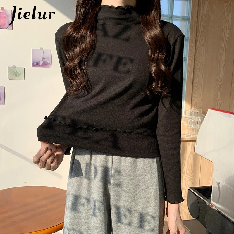 Jielur Solid Color Harajuku T Shirt Women White Basic Slim Tops Fashion Long-sleeved T-shirt Female Graceful All-match Tee Shirt