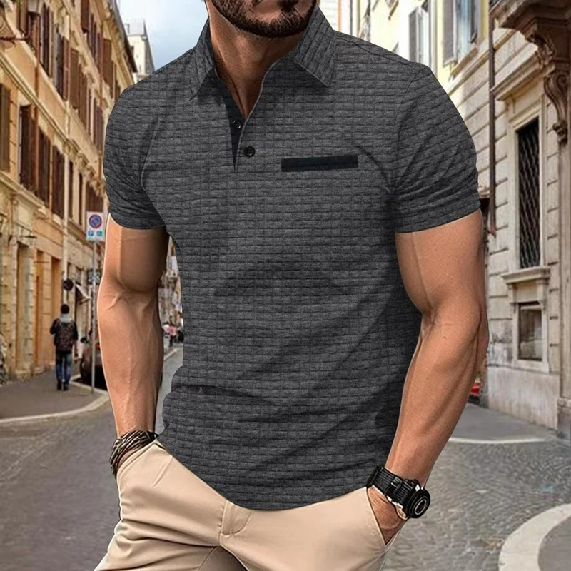 Summer Men's Casual Polo Shirt Fashion Solid Color Lapel Pocket Waffle Jacquard Business Commuter Shirt Outdoor Golf Top