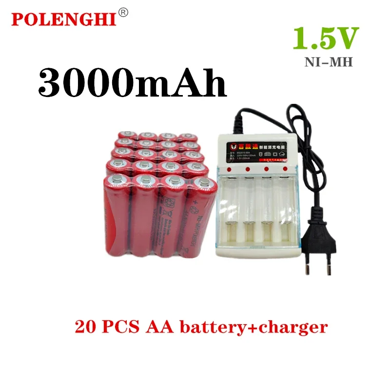 

POLENGHI 2-40PCS 1.5V 3000mAh nickel hydrogen AA pre charged battery for CMARA computer microphone toy LED flashlight+charger