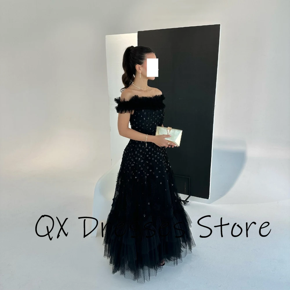 Customized Black Off the SHoulder Crystal Tulle Evening Dresses Backless A-line Ruched Floor Length Pageant Prom Gowns Elegant