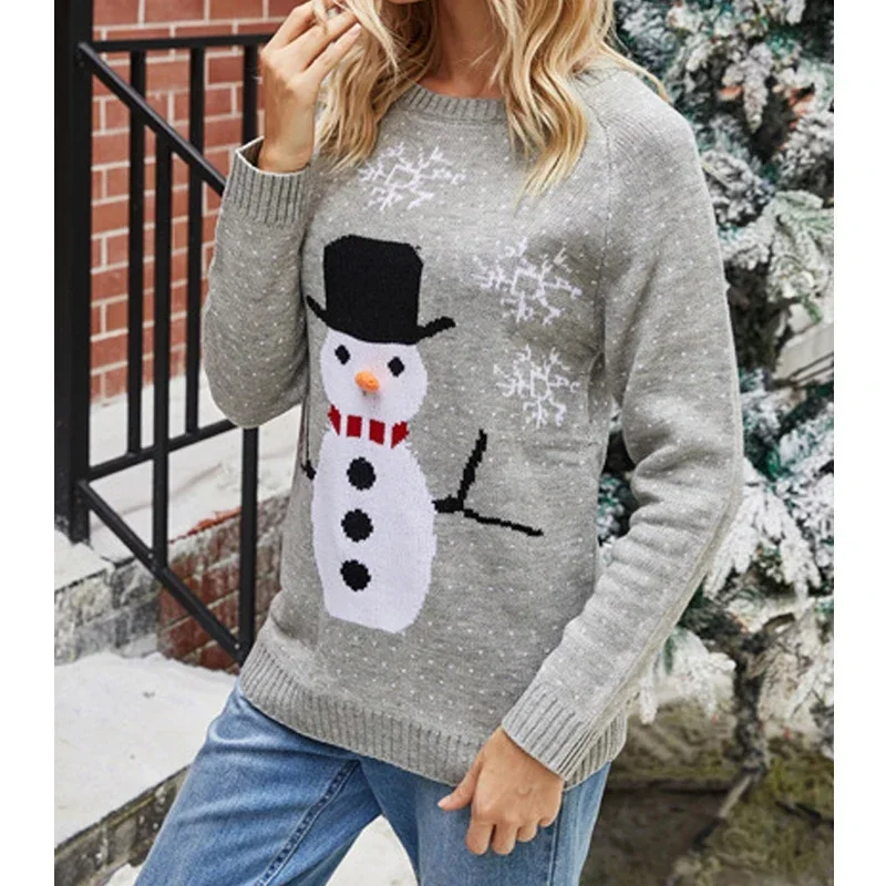 Women Cute Funny Snowman Jacquard Christmas Knitted Sweater Autumn Winter Casual O Neck Long Sleeve Pullover Tops Loose Jumpers