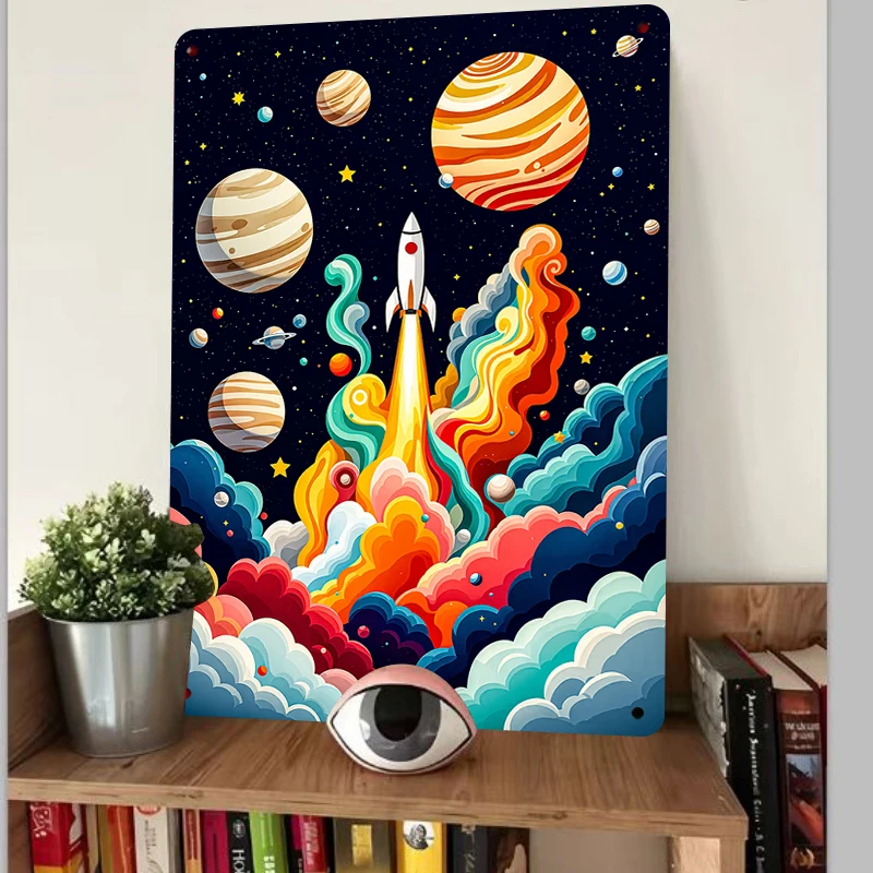 Cosmic Rocket Planet Starry Sky Metal Iron Painting Modern Home Decor Living Room Bedroom Wall Art Hanging