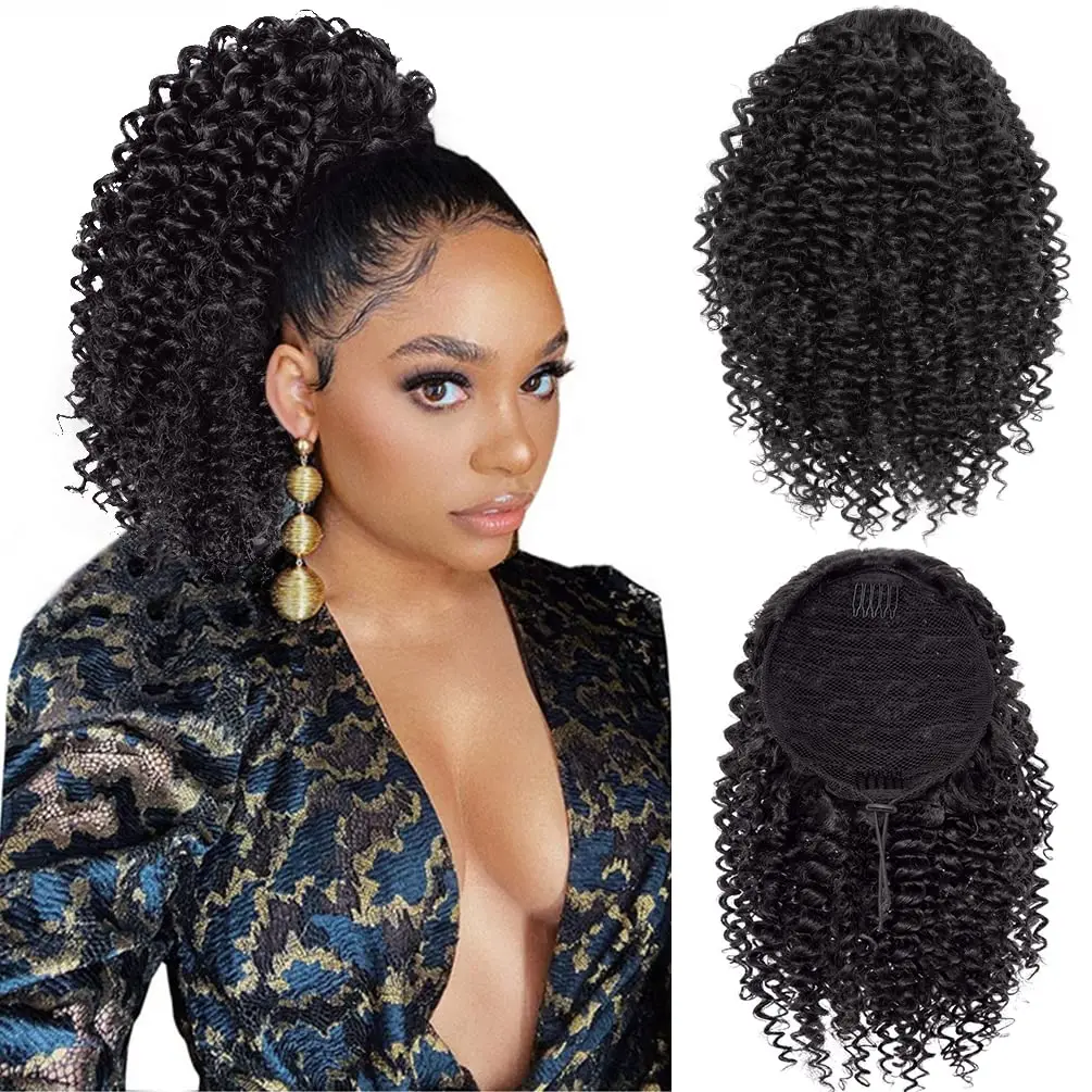 Synthetic Drawstring Curly Ponytail Extension for African Women Short Afro Kinky Ponytail Extension For Black Women