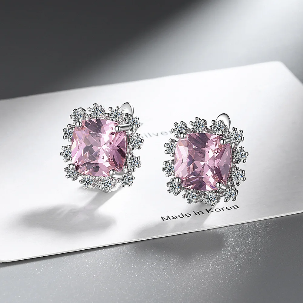 Luxury Square Created Pink Sapphire 925 Sterling Silver Geometric Hoop Earring for Women Exquisite Gemstone Jewelry Wedding Gift