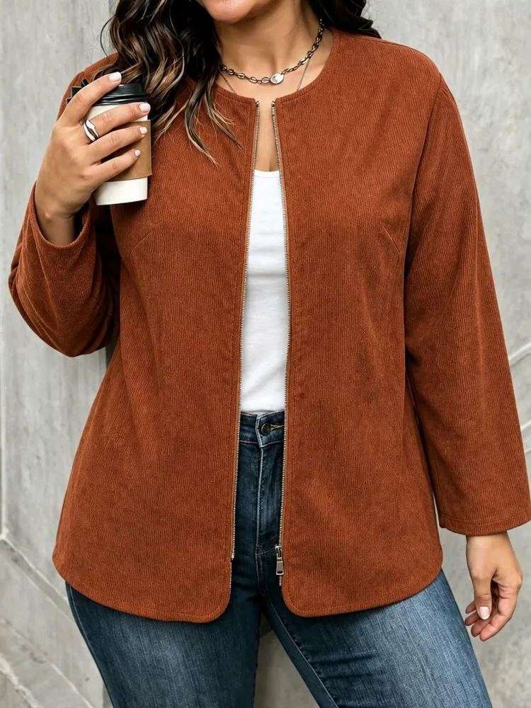 Plus Size Womens Corduroy Cargo Jackets Antumn Warm Zipper Down Casual Outwear Pockets Lightweight Outdoor Streerwear Fashion