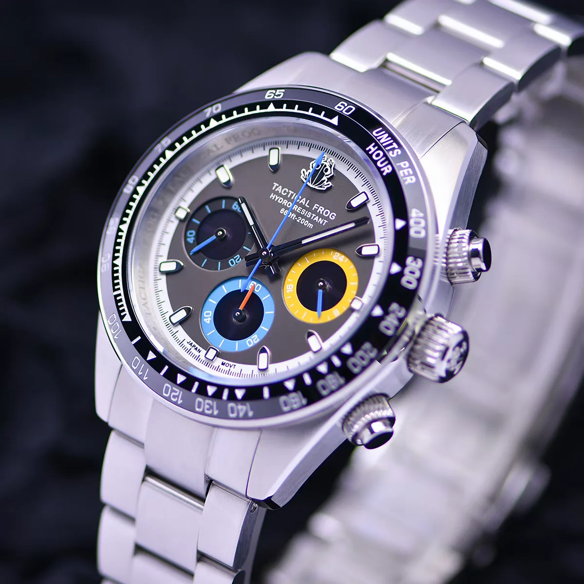 Tactical Frog Men Chronograph Watch 43.5mm Eco Drive Solar Wristwatch 20ATM Waterproof C3 Luminous Sapphire Mirror VS75B