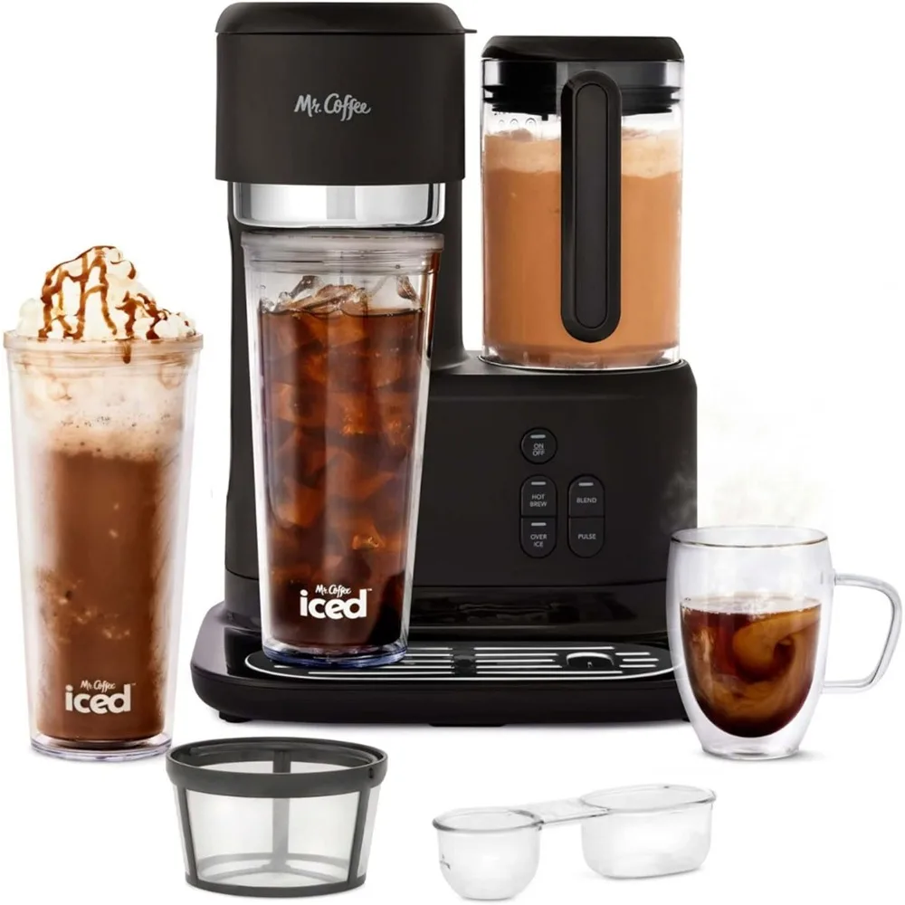 Cafetera/té caliente y helada de una sola porción 3 en 1 con licuadora con filtro reutilizable, cuchara, libro de recetas, 2 vasos, tapas y S