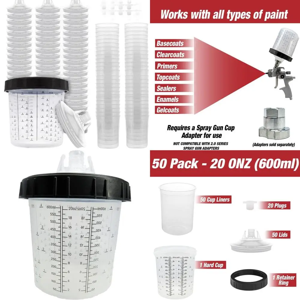 

Disposable Paint Spray Gun Cups Liners & Lids - 50 Liners, 50 Lids, Hard Cup, 20 Plugs - 600ml | 20oz | 125 Micron