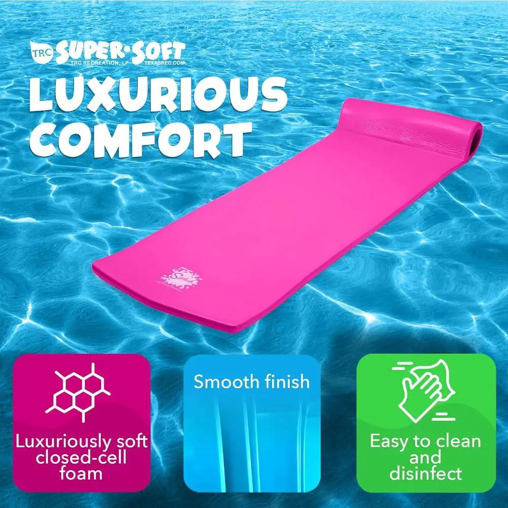 厚さ1.25インチのフォームプールフロートマット、ロールピロー付き、大人用ラウンジャー、バハマブルー＆フラミンゴピンク