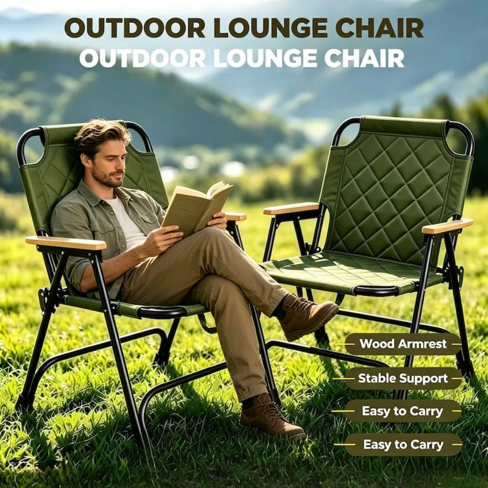 Outdoor Folding Portable Camping Chair with Wooden Armrests Hickened Steel Frame Picnic Fishing Stool for Adults