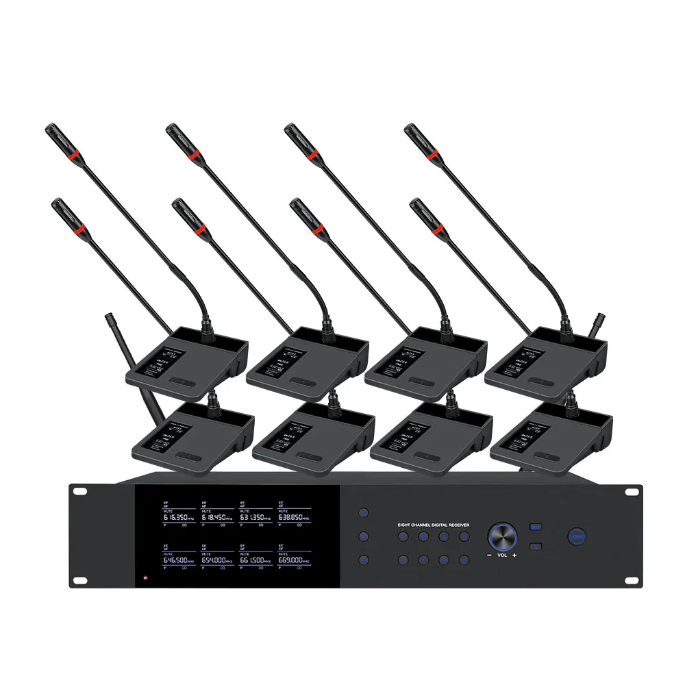 OEM 8-Channel UHF Cordless Metal Handheld Wireless Mics Professional Audio Mic System for Church Karaoke