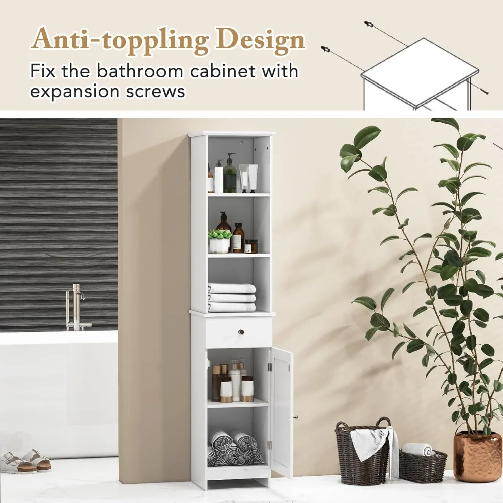 خزانة حمام طويلة بطول 64.5 بوصة، وخزانة تخزين ذات أرضية ضيقة مع أرفف قابلة للتعديل، وباب واحد ودرج واحد، ومضادة للانزلاق