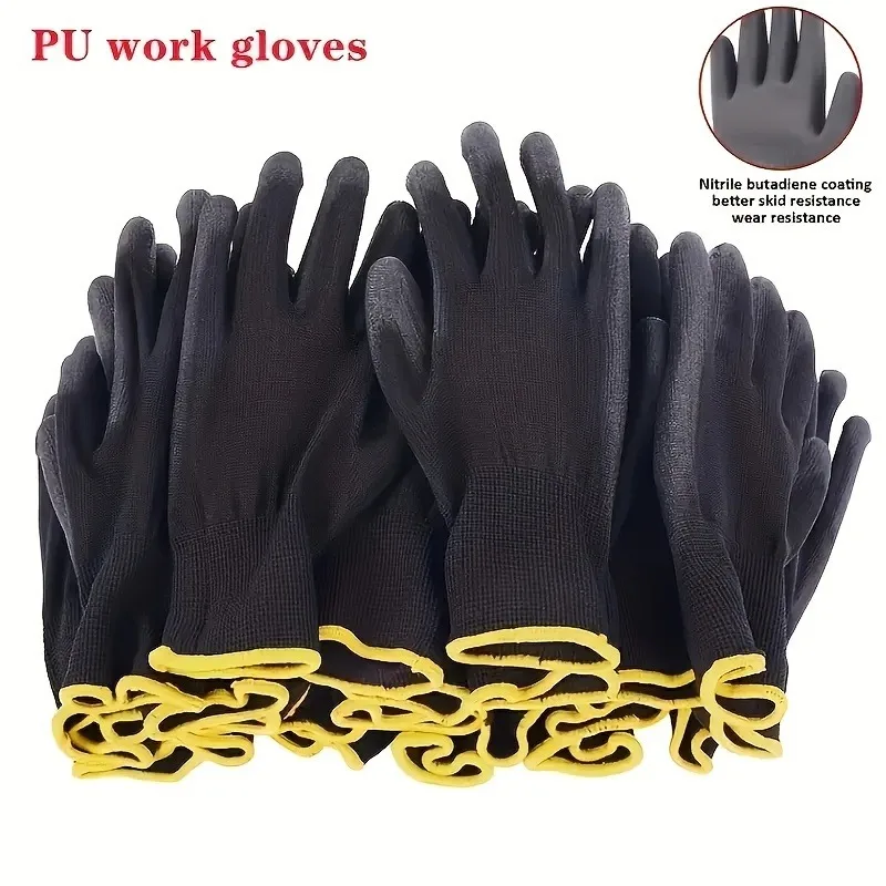 Guantes de trabajo de seguridad transpirables, nailon con revestimiento de PU, agarre y protección mejorados, Unisex, lavables, resistentes a la abrasión, 12 Uds.