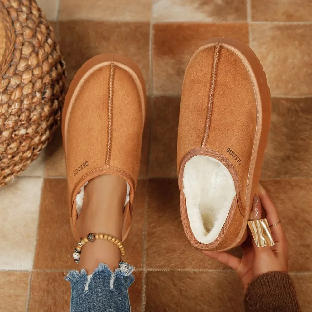 Women Anti Slip Thick Sole Winter Cotton Shoes Plus Size 43 Faux Suede Platform Plush Slippers  Warm Thicken Plush Snow Boots