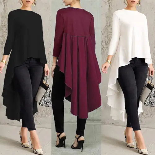 Vrouwen Asymmetrische Waterval Shirt Tops Hoge Lage Blouse Met Lange Mouwen