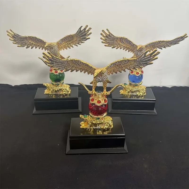 28cm Chinese Gold Eagle King Metal Ball Ornament Red Blue Handicraft Collection Home Decoration Craft Gift for Office Desk