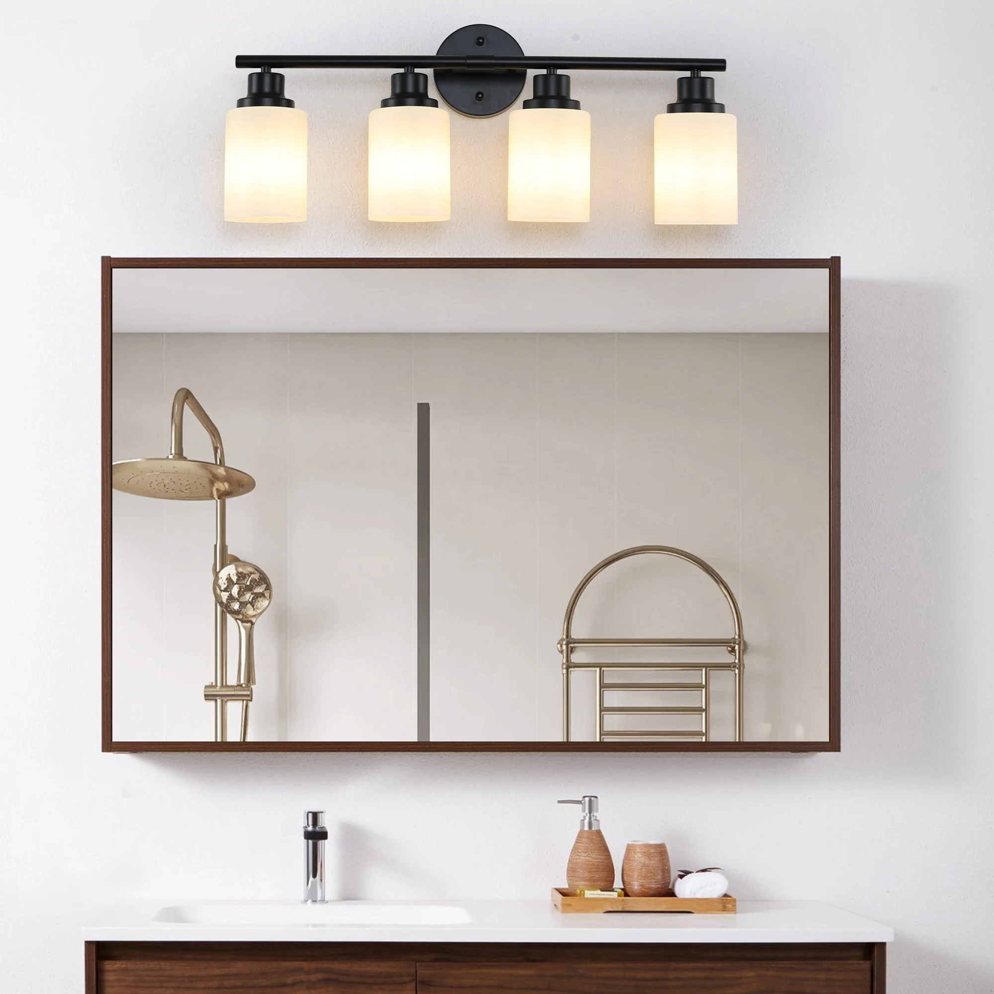 

Modern 4-Light Vanity Bathroom Mirror Light, Frosted White Glass with Black Iron Frame(Bulb Not Included)