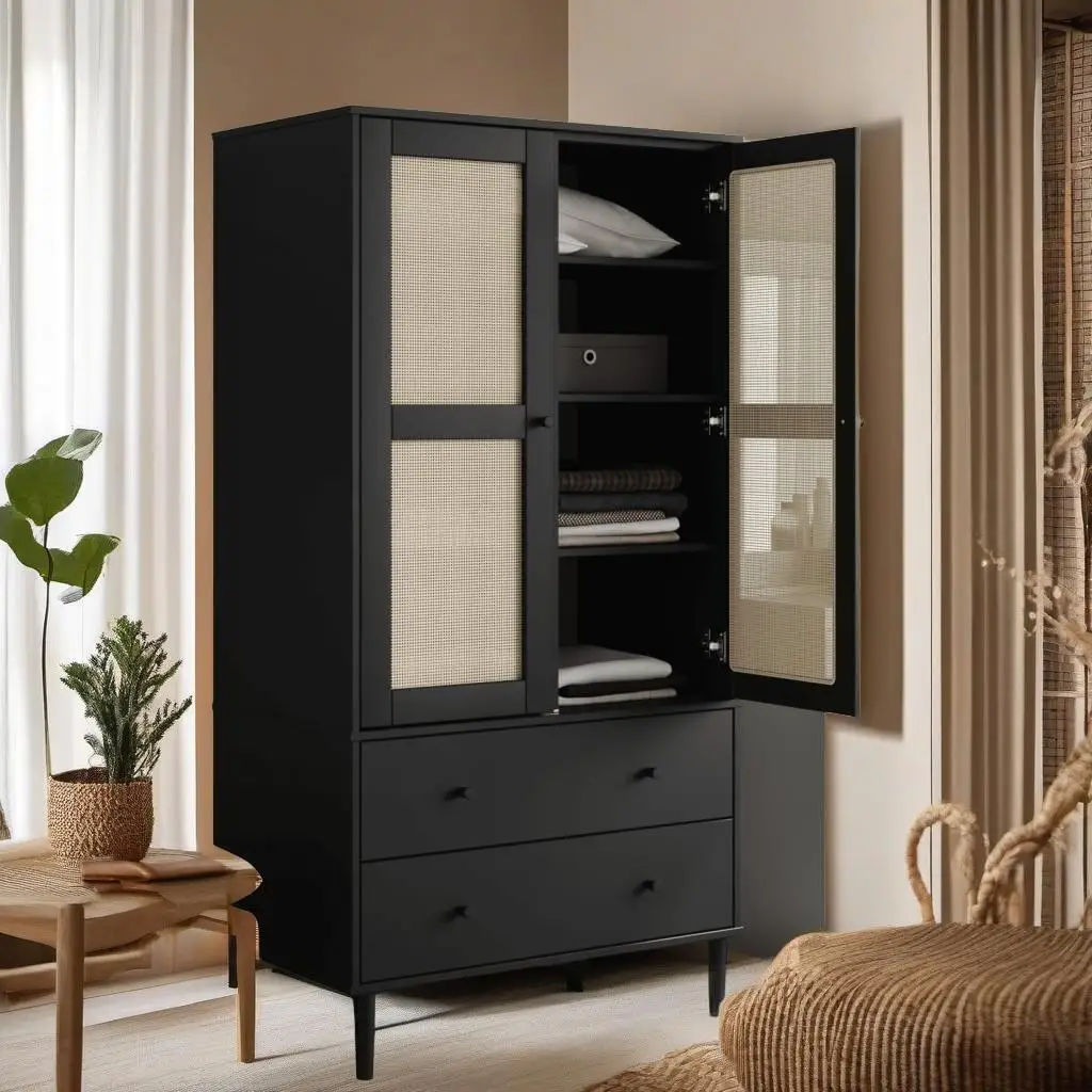 

Black Rattan Look Wardrobe SENJA – 35.4x21.7x68.9 Inch Solid Pine Wood Storage Solution